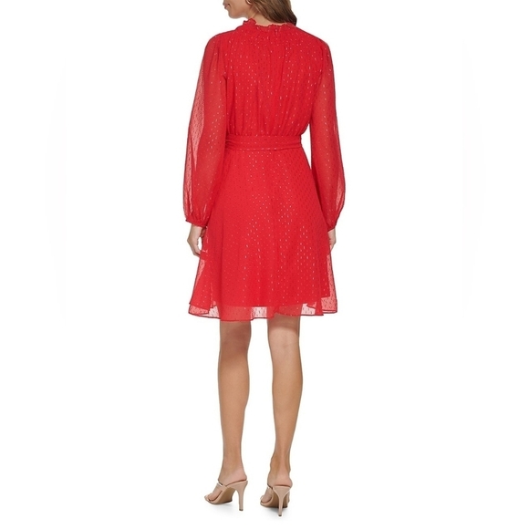 DKNY-Balloon Sleeve Belted  Chiffon Dress - Picture 2 of 7